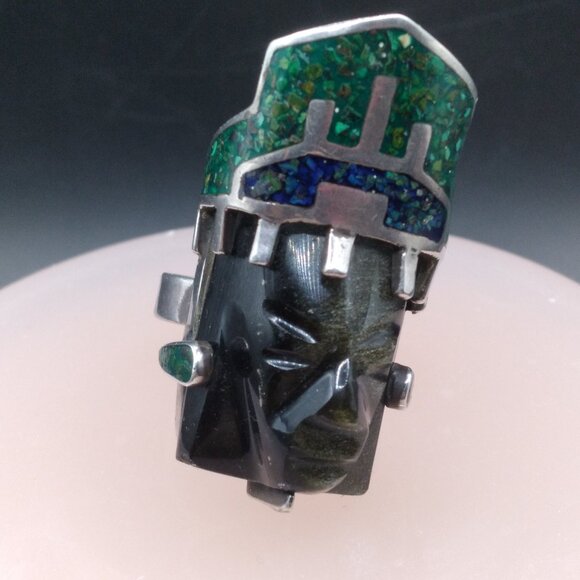 Vintage Sterling Silver Carved Tribal Onyx Mask crushed Malachite & Lapis Lazuli - Picture 2 of 4